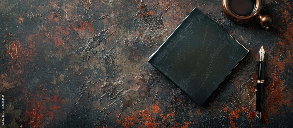 Aufkleber A top down view of a black book on a dark rustic surface with a fountain pen an ink well and a blank space for text in the image. Creative banner. Copyspace image