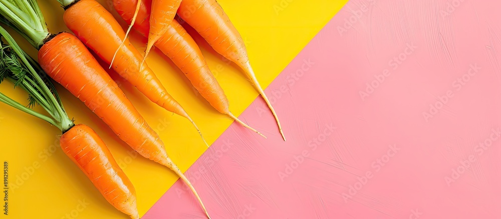 Poster Colorful background with fresh carrots in a flat lay composition allowing for text in the copy space image