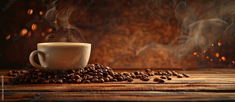 Poster a cup of coffee with beans on a wooden background is shown in this copy space image which does not i