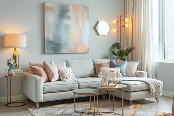 Mid-century modern living room with grey sofa, brass side tables, pastel abstract art, and hexagon mirror. Soft lighting enhances textured rug and elegant glassware.