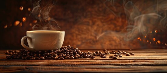 A cup of coffee with beans on a wooden background is shown in this copy space image which does not include any smoke