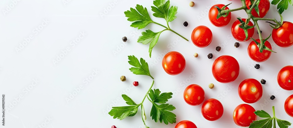 Poster image of cherry tomatoes and parsley leaf on white background with copy space image
