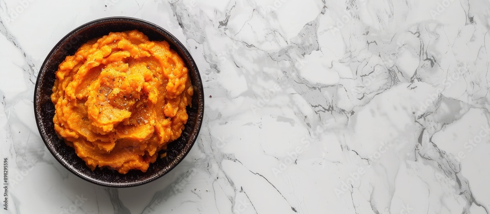 Poster Top view of a delicious sweet potato puree in a bowl on a marble surface with a blank space available for additional images