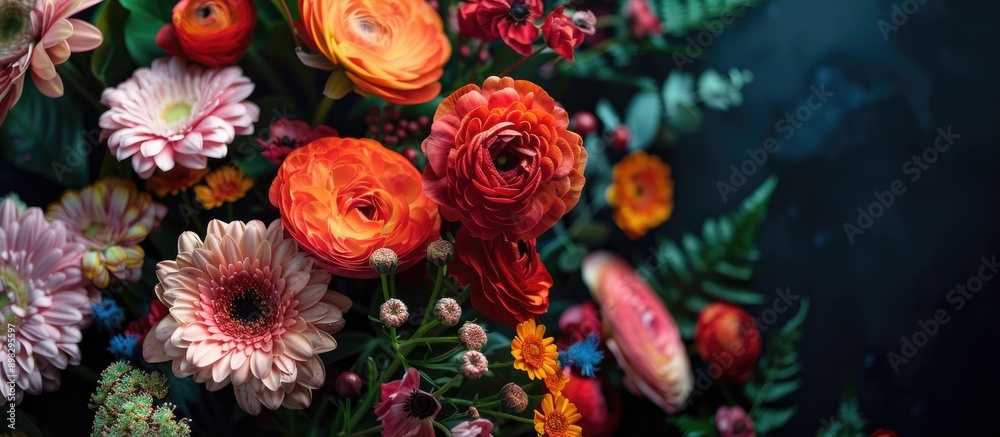 Poster dark background highlights vibrant fresh flowers leaving ample space for text in the copy space imag