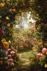 Obraz premium Flower Garden Archway. A frame made of blooming flowers intertwined with leafy vines. The center opens to a bright, sunlit meadow, with a path leading through the flowers,