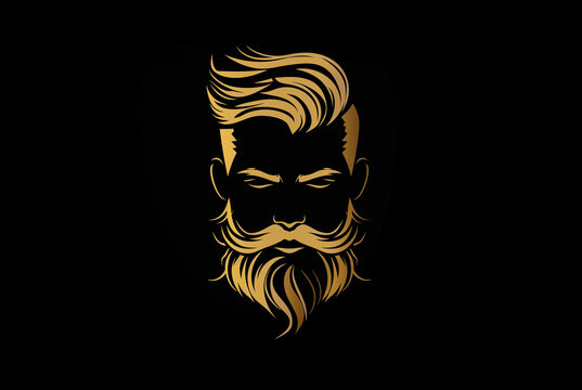 Serious man with a long, thick beard in golden silhouette against a black background, logo