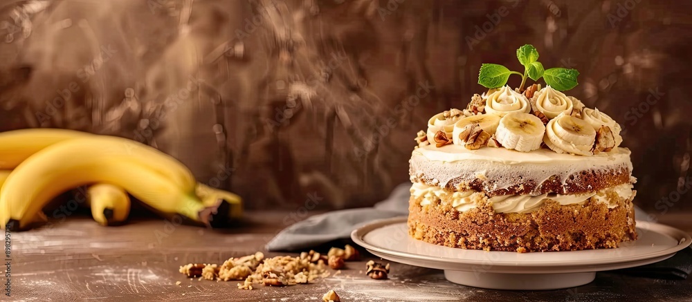 Aufkleber banana cake displayed on the table with copy space image