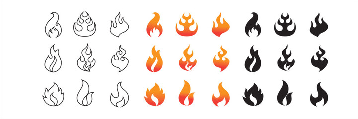 Fire flame icon set. Fire flames. Flame symbols. Fire silhouette. Set of red, orange, Black, and vector line fire flame. Collection of hot flaming elements. Fire, flame. Vector illustration. © saint
