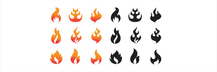 Fire flame icon set. Fire flames. Flame symbols. Fire silhouette. Set of red, orange, Black, and vector line fire flame. Collection of hot flaming elements. Fire, flame. Vector illustration.