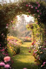 Obraz premium Flower Garden Archway. A frame made of blooming flowers intertwined with leafy vines. The center opens to a bright, sunlit meadow, with a path leading through the flowers,