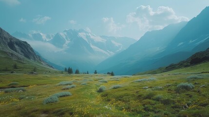  A valley view featuring mountains in the backdrop and foreground of lush green grass, dotted with yellow flowers