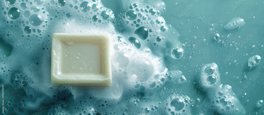 Fototapete top view of a bar of white soap surrounded by bubbles on a soft blue surface with room for text or i