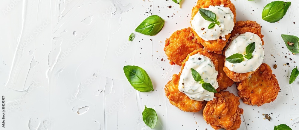 Poster chicken nuggets topped with creamy white sauce and fresh basil leaves arranged neatly against a whit