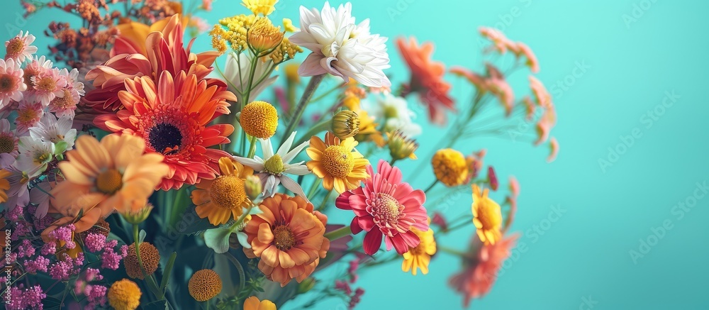 Poster colorful flowers bouquet on a table with turquoise background and copy space image