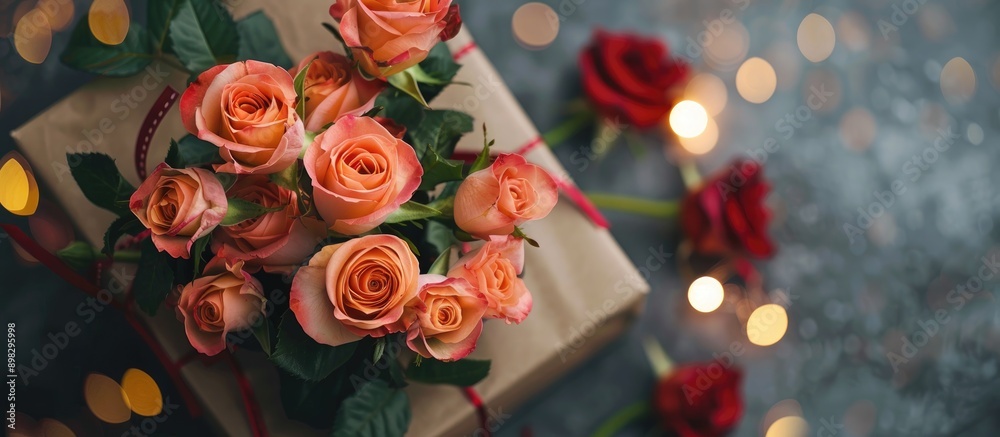 Leinwandbilder Top view of a bouquet of fresh roses in a gift box on a gray table creating a flat lay composition with bokeh lights in the background creating a copy space image