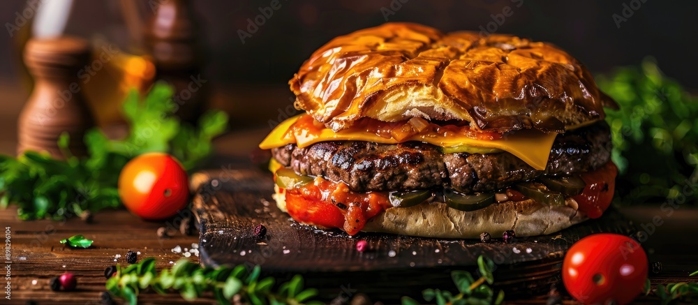 Poster burger wellington with marble beef cornichons tomato cheddar and dough presented in an american food
