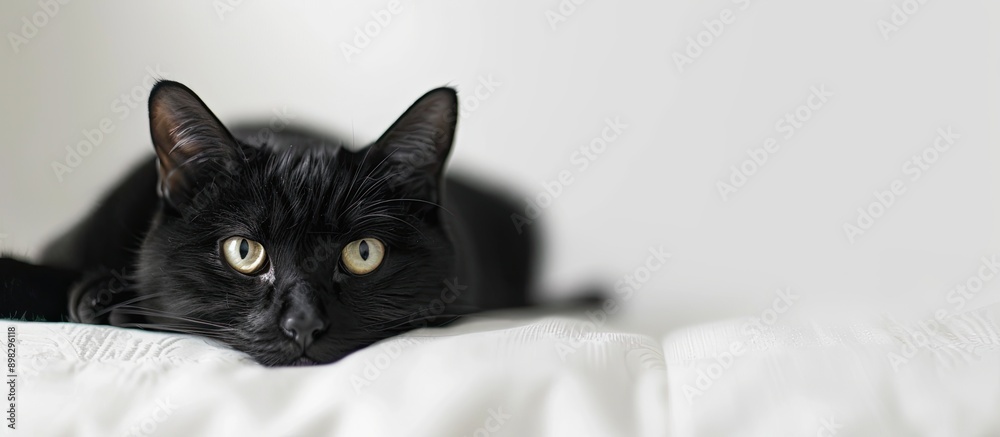 Sticker black cat with a charming appearance on a white backdrop featuring copy space image