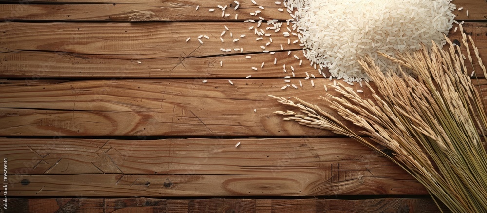 Poster close up shot of rice arranged on wooden floor panels with copy space image