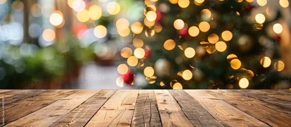 Poster Blurred background featuring a wooden table with ample copy space image for showcasing your product and a Christmas tree