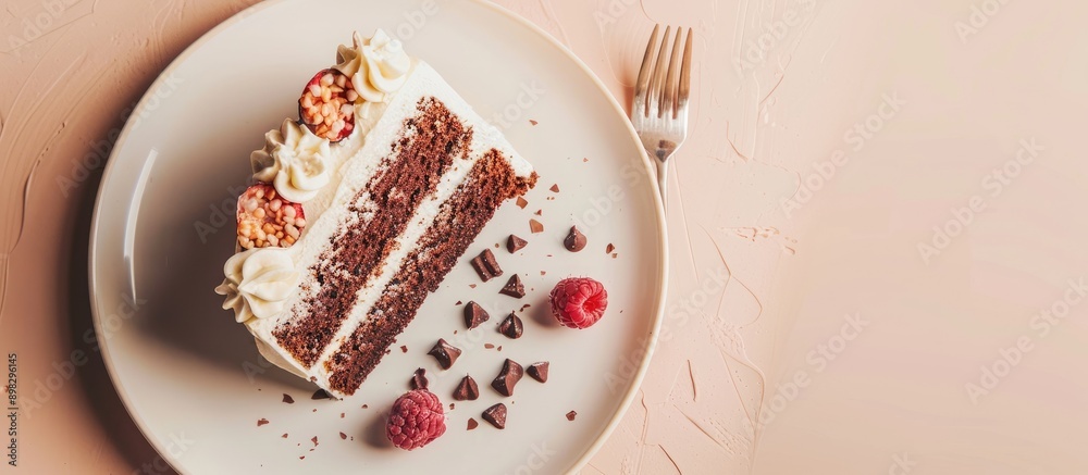 Poster Cake displayed on a plate over a beige backdrop with space for adding images. Creative banner. Copyspace image