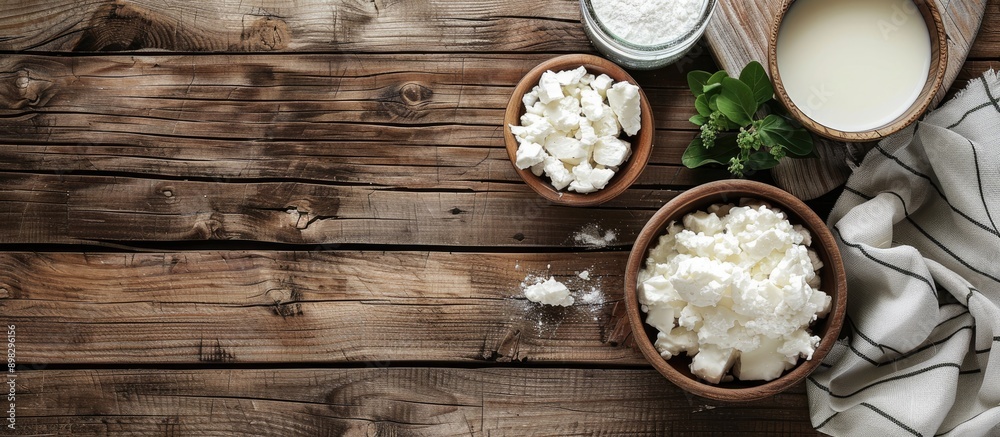 Poster Dairy products displayed attractively on a wooden table with visible copy space image for a rustic feel