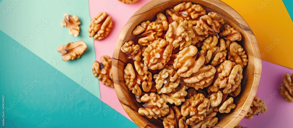 Poster close up top view of walnut kernel halves in a wooden bowl on a colorful background illustrates heal