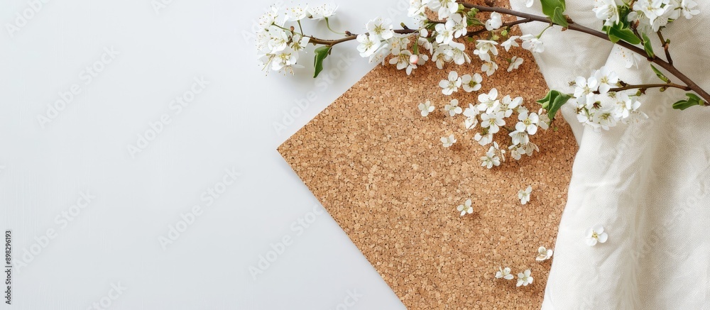 Aufkleber a cork board on a cotton napkin placed elegantly on a white table to serve as a natural backdrop for
