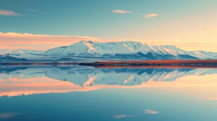 Fototapeta premium A mountain range mirrors in the tranquil water of a lake as the sun sets behind distant peaks