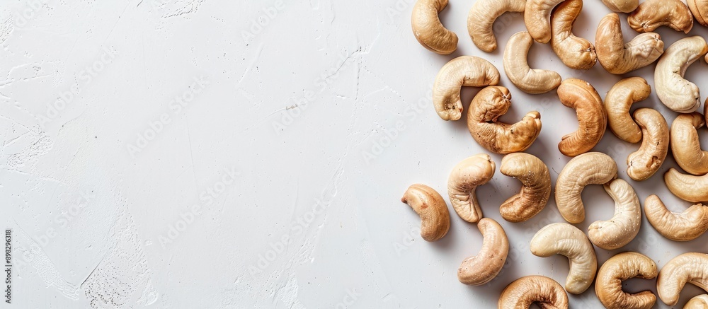 Poster delicious cashew nuts with copy space image on a white backdrop