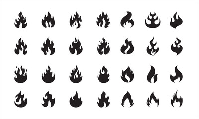 Fire flame icon set. Fire flames. Flame symbols. Fire silhouette. Set of red, orange, Black, and vector line fire flame. Collection of hot flaming elements. Fire, flame. Vector illustration.