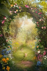 Fototapeta premium Flower Garden Archway. A frame made of blooming flowers intertwined with leafy vines. The center opens to a bright, sunlit meadow, with a path leading through the flowers,