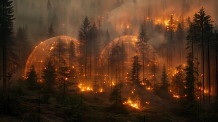 Fototapeta premium Burning Forest Inside Dome: A forest burning inside a transparent dome, symbolizing how the greenhouse effect exacerbates wildfires