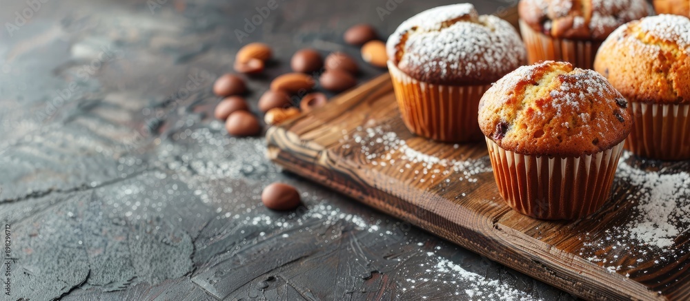 Poster Artificial stone kitchen cutting board with muffins perfect for displaying in a copy space image