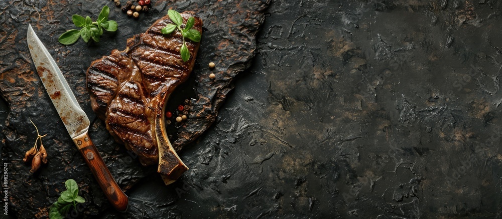 Poster Cowboy steak grilled to perfection on a knife over a stone backdrop ideal for adding text in the copy space image