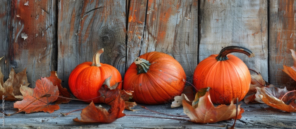 Leinwandbilder autumn themed composition with three pumpkins numerous dry leaves on a rustic wooden backdrop ideal 