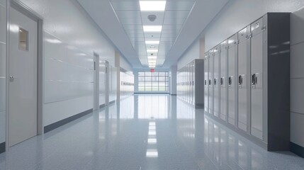 Fototapeta premium A clean, uncluttered school hallway with simple lockers and minimal decorations