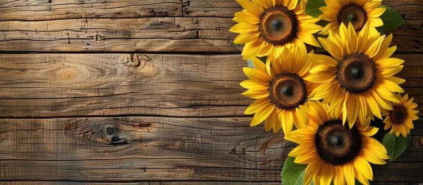A charming rustic wood background adorned with vibrant sunflowers creates an inviting setting with a copy space image