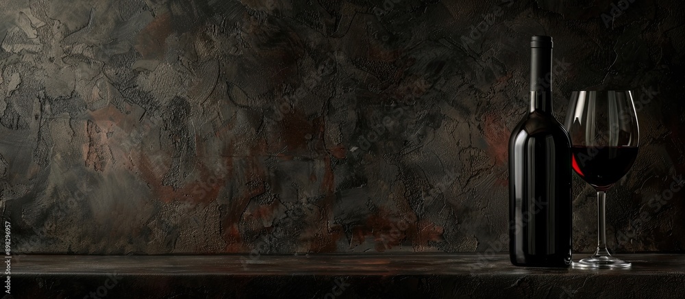 Aufkleber A dark bottle and glass of red dry wine placed on a table with space for text or graphics in the background. Creative banner. Copyspace image