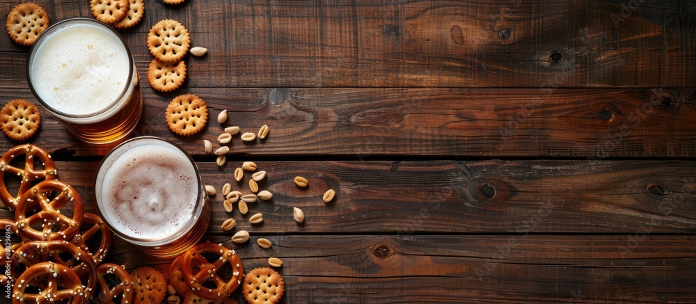 Poster Flat lay composition of beer glass with pretzel crackers and snacks on wooden table with copy space image