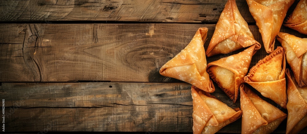 Poster top view of delicious samsa samosas filled with chicken fillet and cheese set on a wooden surface cr