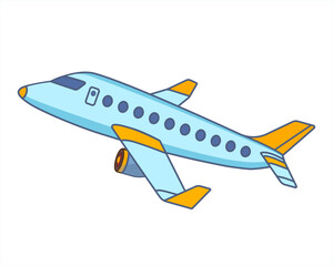 Airplane light blue color with yellow tips. Plane in cartoon design. Passenger plane flying in the sky side view. travel concept. Toy plane graphic. Flat style vector illustration.