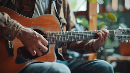 Obraz premium A tight shot of someone strumming a guitar with a plant in the backdrop In the foreground, a potted plant is present