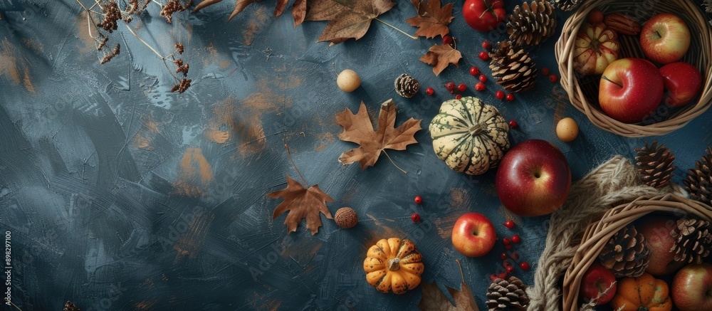 Poster Autumn themed still life with seasonal ingredients beautifully arranged in a frame creating a captivating image with copy space