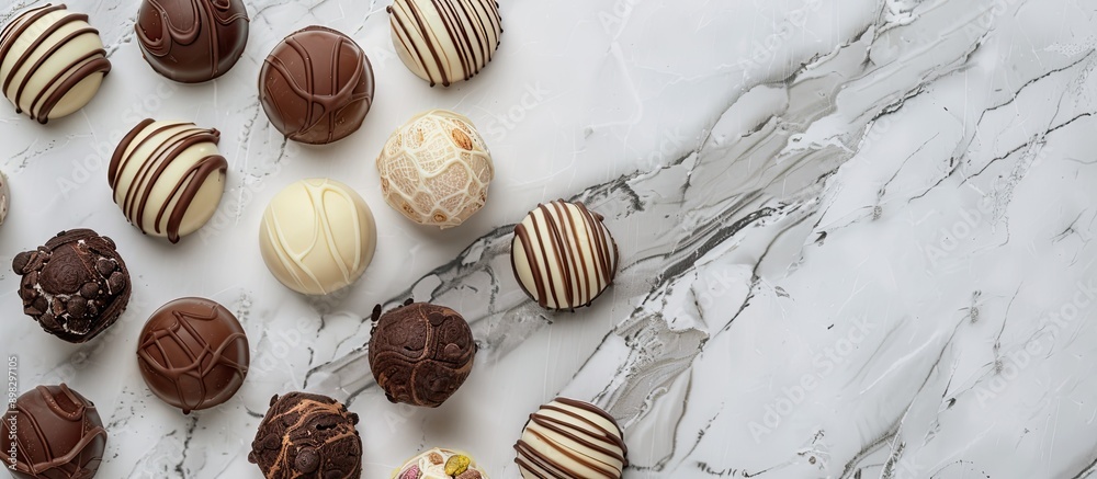 Poster delicious mix of chocolate candies with vanilla chocolate and pistachio cream on a marble backdrop s