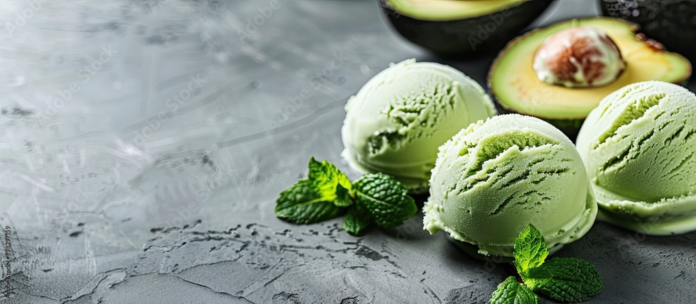 Sticker Avocado flavored ice cream ready to eat garnished with a mint leaf in a copy space image