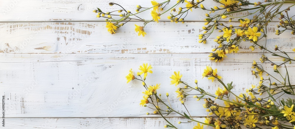 Poster a bird s eye view of a white wooden table adorned with a yellow floral design perfect as a backgroun