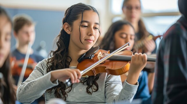 A group of students learning to play musical instruments in a music classroom
