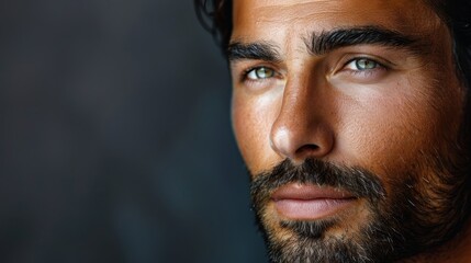 Fototapeta premium A man with a goatee closely gazes into the camera, his beard accentuating his serious expression