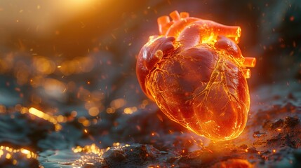 Heart Disease Visualized: A detailed 3D illustration of a human heart showing blockages in the arteries, highlighting the effects of heart disease 