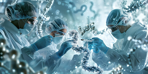 Gene Editing Pioneers: Scientists in a sterile environment, using technology to modify DNA.